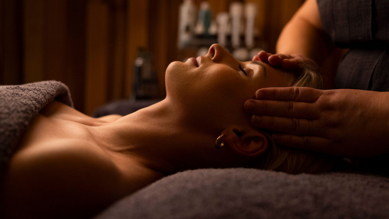 Guest enjoys relaxing massage in a serene spa setting, dim lighting and soothing atmosphere enhance a rejuvenating experience.