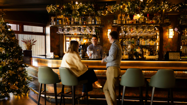 Festive hotel bar with guests enjoying drinks, adorned with twinkling lights, lush decor, and a welcoming bartender.